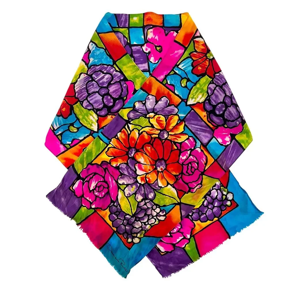 Vintage Oscar de La Renta Silk Scarf Stained Glass Floral 80s 1980s
